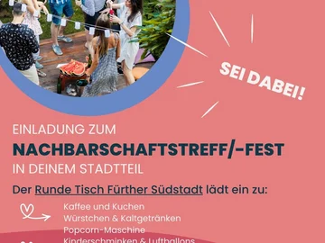Grafik mit Einladung zum Nachbarschaftstreff/-fest in einem Stadtteil mit Foto von Menschen bei einer Gartenparty und Text zu Angeboten wie Kaffee, Kuchen, Würstchen, Kaltgetränken, Popcornmaschine und Kinderprogramm.