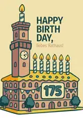 Illustriertes Rathaus mit Text "Happy Birthday liebes Rathaus" und der Zahl 175.