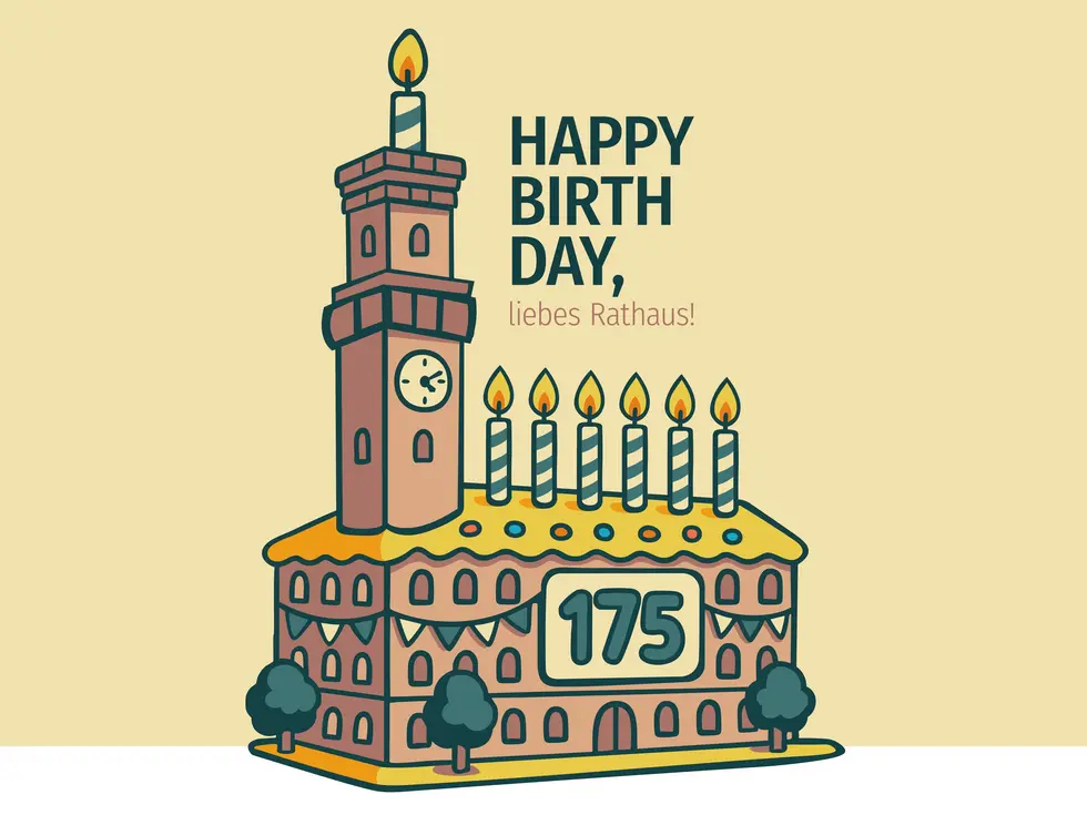 Illustriertes Rathaus mit Text "Happy Birthday liebes Rathaus" und der Zahl 175.