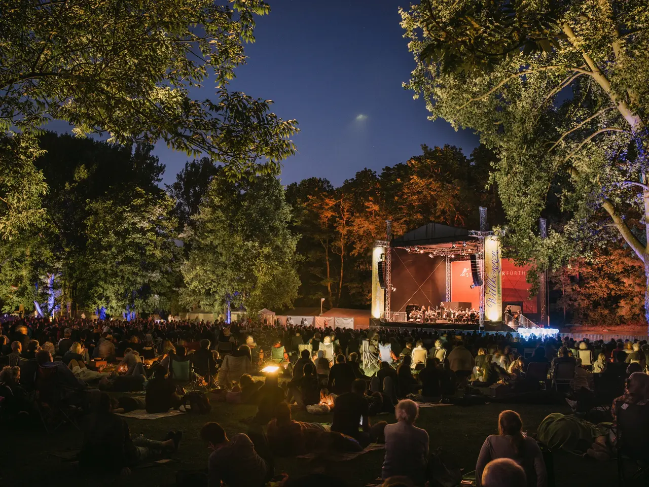 Publikum vor der Bühne im nächtlichen Stadtpark, Klick öffnet Bild in größerer Ansicht