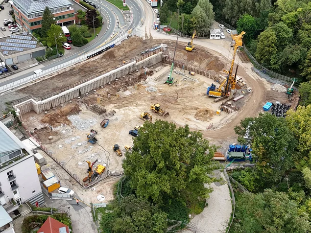 Luftbild der Baustelle HSG im März 2024; Klick öffnet Bild in größerer Ansicht