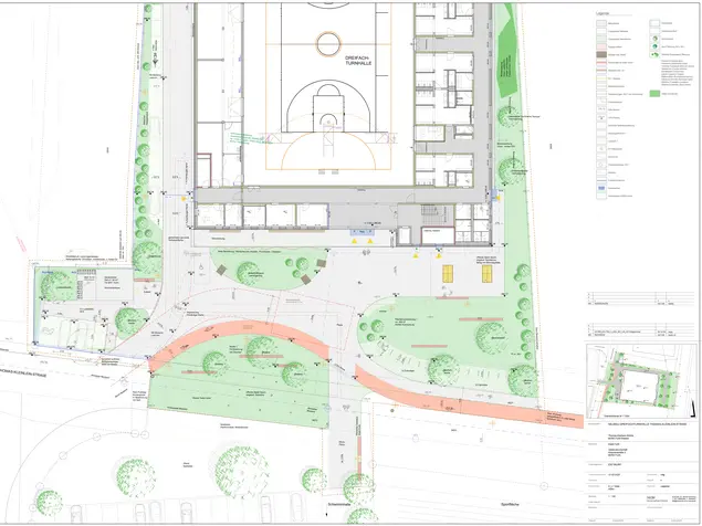 Entwurfsplanung für die neue Thomas-Kleinlein-Turnhalle im direkten Umfeld der Grund- und Mittelschule Stadeln. Klick öffnet Bild in größerer Ansicht.