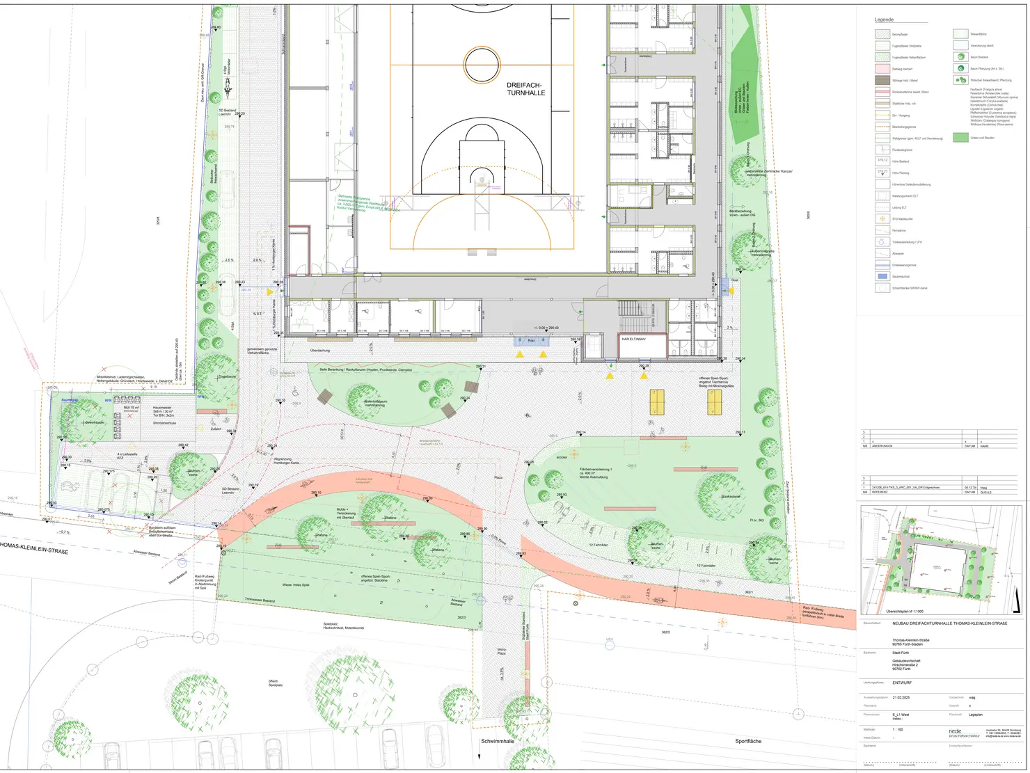 Entwurfsplanung für die neue Thomas-Kleinlein-Turnhalle im direkten Umfeld der Grund- und Mittelschule Stadeln. Klick öffnet Bild in größerer Ansicht.
