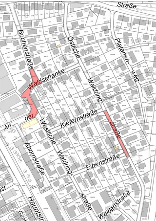 Planansicht der Waldringstrassen und Umgebung. Die aktuellen Arbeiten sind farbig markiert.