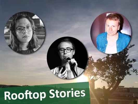 Text Rooftop Stories und Portraitbilder der drei Autorinnen; Klick öffnet Veranstaltungstipp.