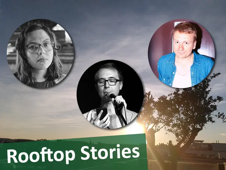 Text Rooftop Stories und Portraitbilder der drei Autorinnen; Klick öffnet Veranstaltungstipp.