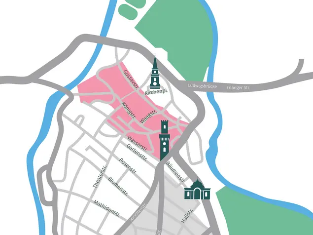 Kartenansicht, farbllich markiert die Altstadt.