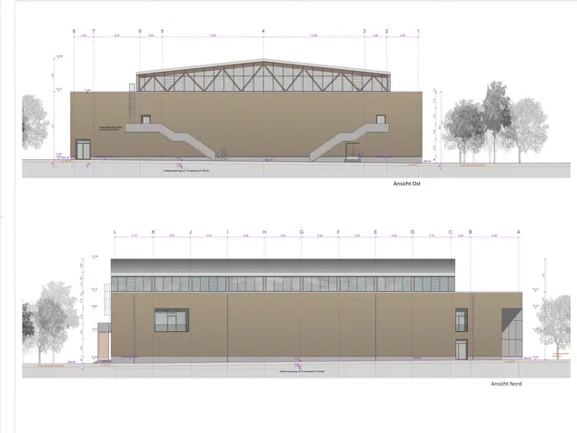 Entwurfsplanung für die neue Thomas-Kleinlein-Turnhalle im direkten Umfeld der Grund- und Mittelschule Stadeln. Klick öffnet Bild in größerer Ansicht.