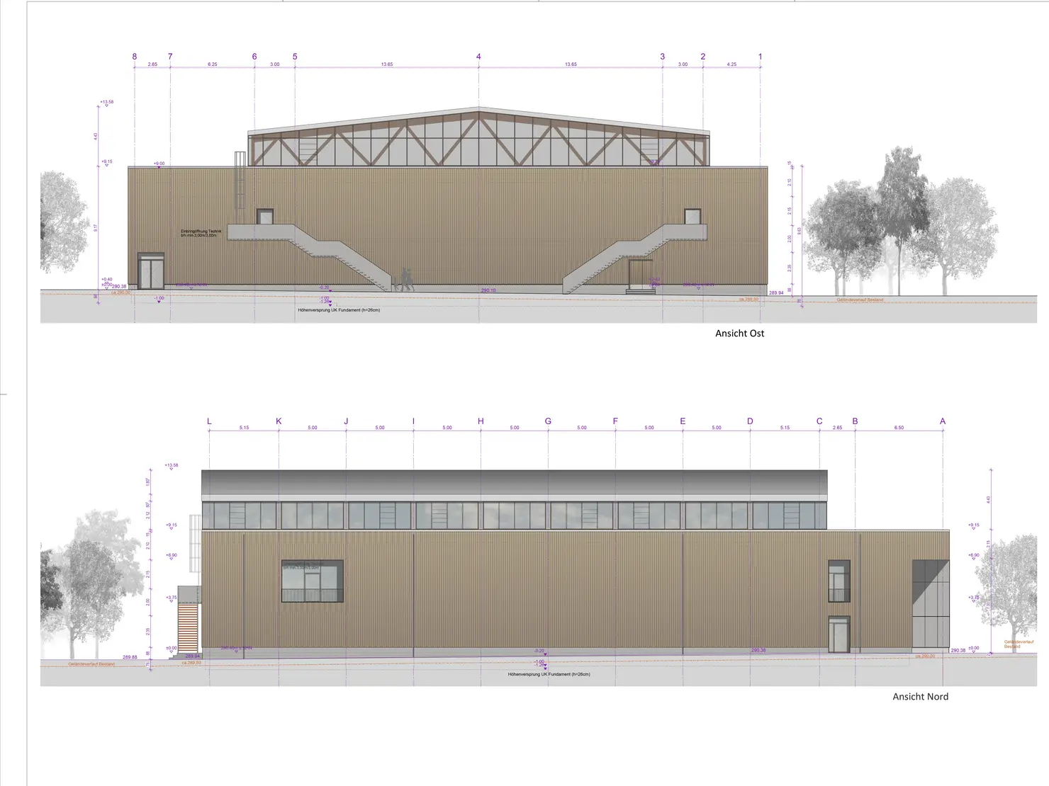 Entwurfsplanung für die neue Thomas-Kleinlein-Turnhalle im direkten Umfeld der Grund- und Mittelschule Stadeln. Klick öffnet Bild in größerer Ansicht.