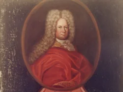 Porträt Karl Franz, Reichsgraf von Pückler, mit langem, lockigem, weißem Haar und rotem Gewand über einem Wappen mit schwarzen und goldenen Elementen