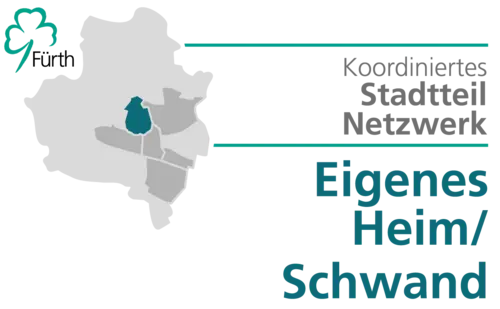 Fürth-Logo, Karte und Schriftzug Koordiniertes Stadtteilnetzwerk Eigenes Heim/Schwand. Klick öffnet Bild in größerer Ansicht.