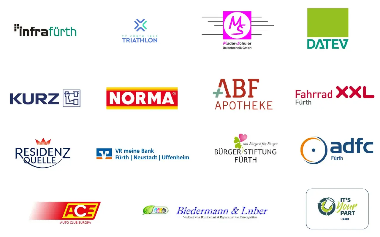 Logos aller Partner und Sponsoren: infra fürth, TV Fürth/Triathlon, Mader und Schuler, Datev, Kurz, Norma, ABF Apotheke, Fahrrad XXL, Residenzquelle, VR Bank, Bürgerstiftung Fürth, ADFC, Biedermann und Luber, Its your part