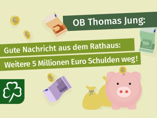 Illustration mit Logo der Stadt Fürth, Münzen, Scheinen und Sparschwein. Text: "OB Thomas Jung: Gute Nachricht aus dem rathaus: Weitere 5 Millionen Euro Schulden weg! Klick öffnet die Meldung.