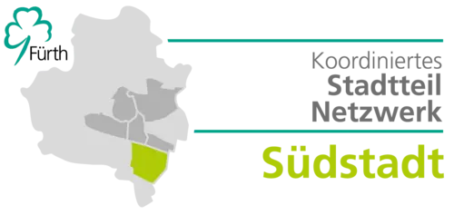 Fürth-Logo, Karte und Schriftzug Koordiniertes Stadtteilnetzwerk Südstadt. Klick öffnet Bild in größerer Ansicht.