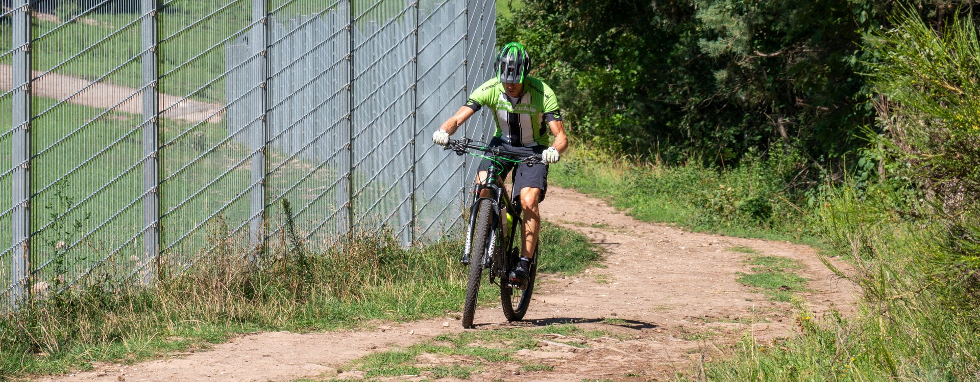 Ist das Mountainbiking im Stadtwald erlaubt? Mountainbiker mit Helm fährt Weg bergauf, Rotwildgehege links neben ihm