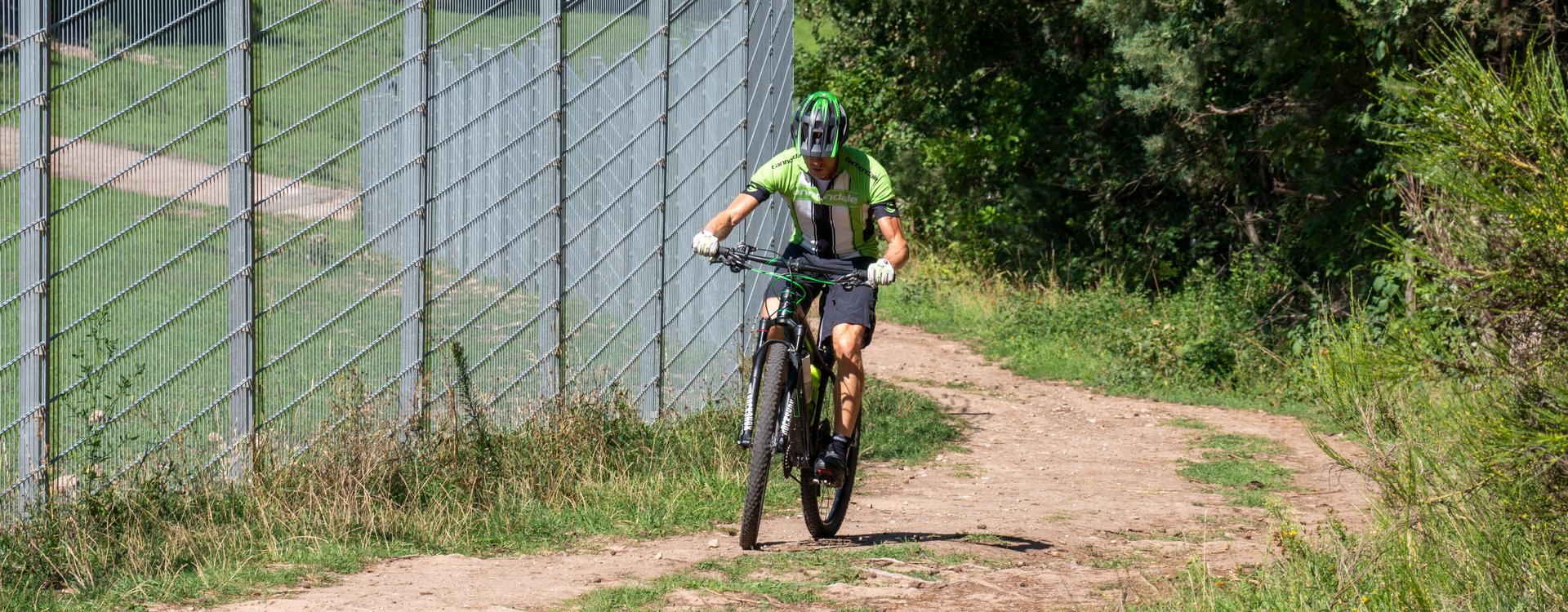 Mountainbiker mit Helm fährt Weg bergauf, Rotwildgehege links neben ihm
