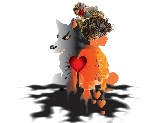 Silhouetten eines Wolfs und eines Jungen Rücken an Rücken mit Herzen und Blumen als dekorative Elemente. Klick öffnet Veranstaltungstipp.
