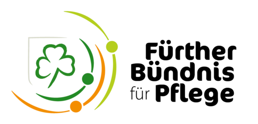Logo mit stilisiertem dreiblättrigen Kleeblatt und orange-grüner geschwungener Linie sowie dem Text "Fürther Bündnis für Pflege".