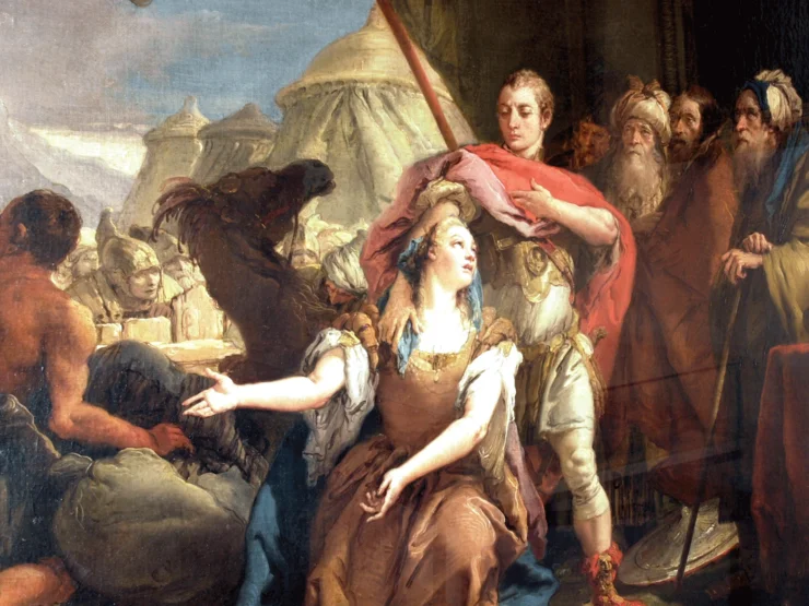 Historisches Gemälde mit mehreren Personen in antiker Kleidung, eine zentrale Figur hält ein Schwert