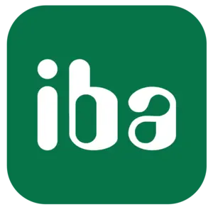 Logo iba Die Buchstaben iba auf grünem Grund.