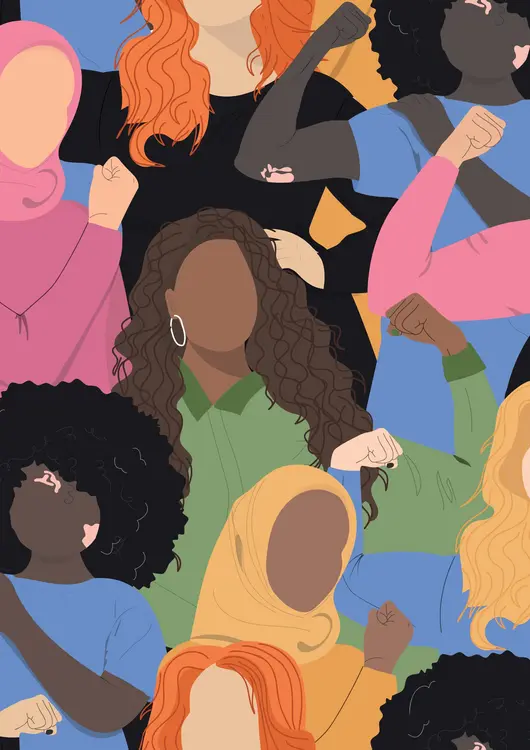 Grafik unterschiedlicher Frauen, die ihre Fäuste kämpferisch ballen. Klick auf Bild öffnet Veranstaltungshinweis.