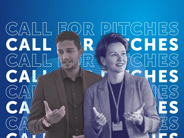 Zwei Personen vor blauem Hintergrund mit wiederholtem Text "CALL FOR PITCHES" Klick öffnet die Meldung.