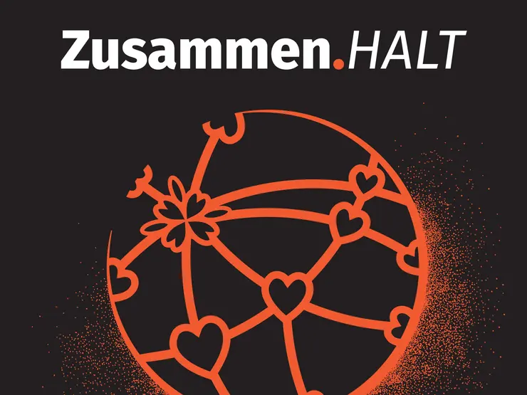 Text "Zusammenhalt", Illustration der Erdkugel mit einem Netz aus Herzen umspannt. Klick auf Bild öffnet Veranstaltungshinweis.