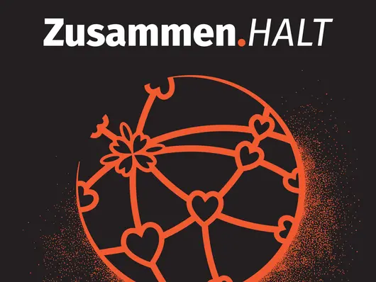 Stadttheater Fürth Spielplan 2025/26 Text "Zusammenhalt", Illustration der Erdkugel mit einem Netz aus Herzen umspannt. Klick auf Bild öffnet Veranstaltungshinweis.