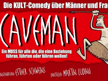 Rote Werbegrafik mit der weißen Aufschrift 'CAVEMAN' und einer Comicfigur eines Höhlenmenschen mit Keule und Fellhose