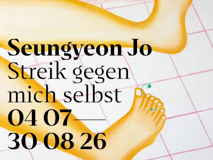 Illustration von zwei Füßen auf einem gefliesten Boden, überlagert von schwarzem Text mit den Worten 'Seungyeon Jo Streik gegen mich selbst.