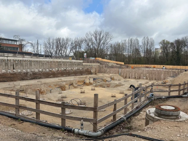 Luftbild der Baustelle HSG im April 2026; Klick öffnet Bild in größerer Ansicht