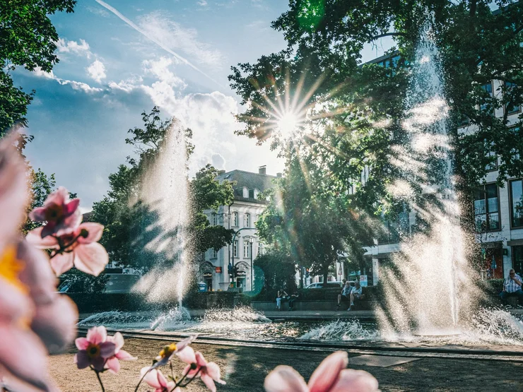 Brunnen mit mehreren Wasserfontänen in der Adenauer Anlage in Fürth, Sonnenstrahlen durch Bäume und unscharfe Blüten im Vordergrund.