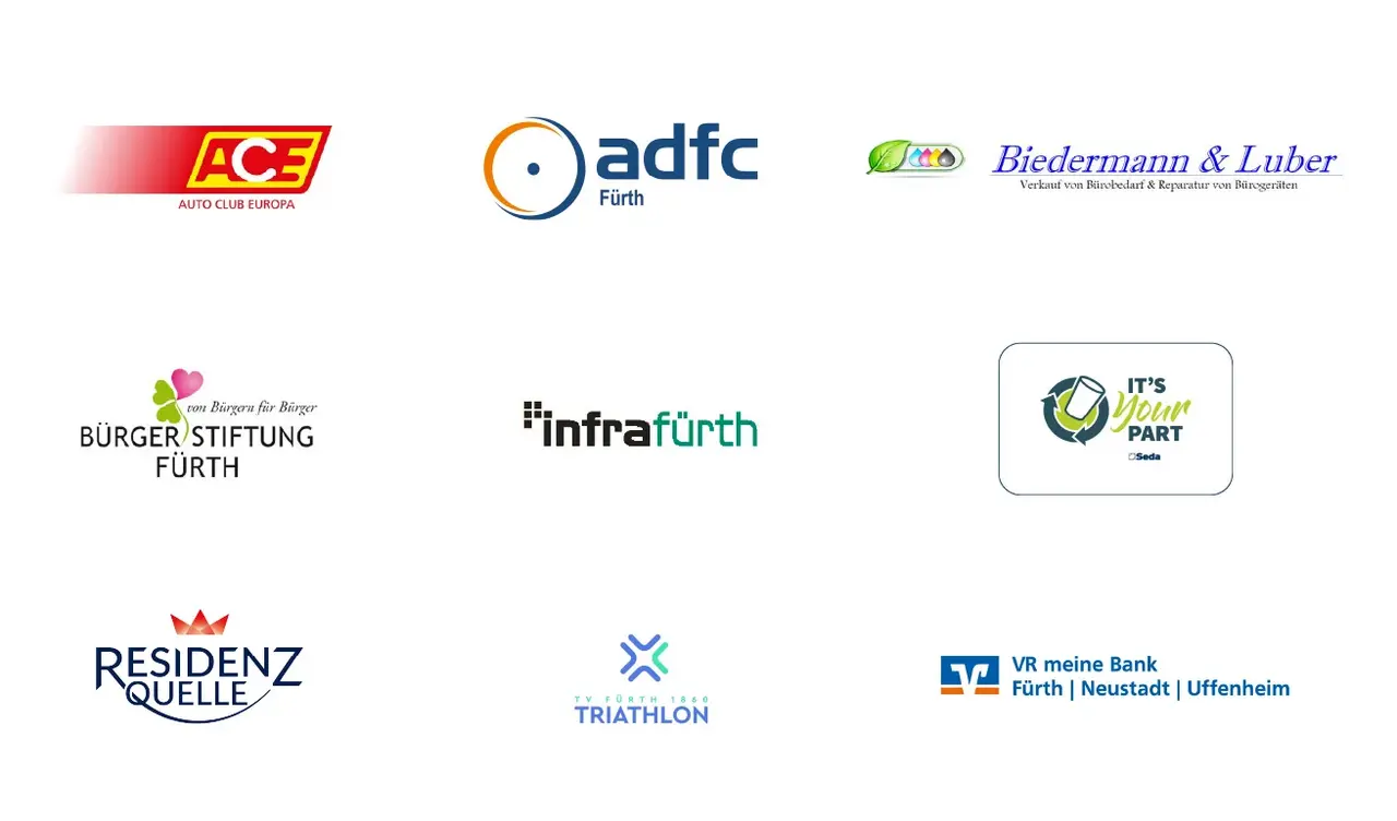 Logos der Förderer: ACE Auto Club Europa, adfc Fürth, Biedermann & Luber, Bürgerstiftung Fürth, infra fürth, It's your part, Residenz Quelle, TV Fürth 1860 Triathlon, VR Bank Fürth | Neustadt | Uffenheim; Klick öffnet Bild in größerer Ansicht.