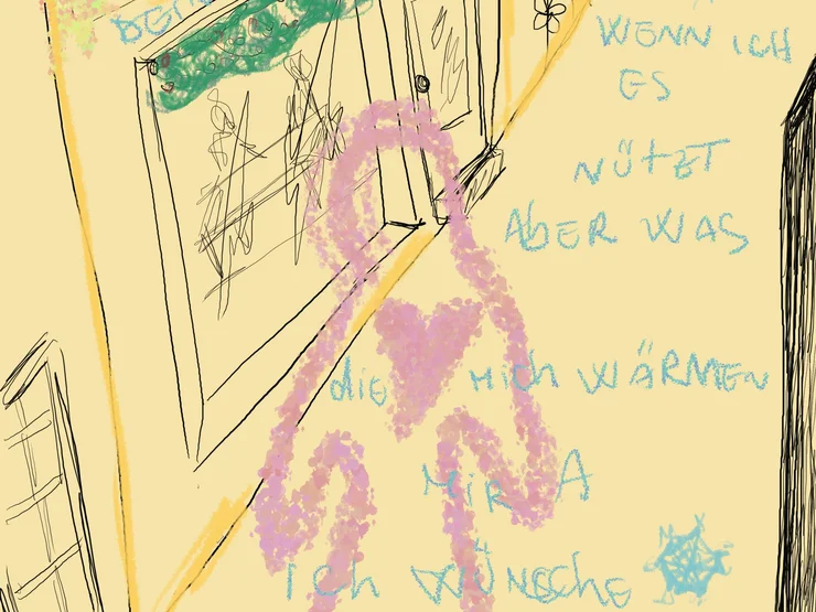 Skizze einer Person vor einem Haus mit Fenstern und Tür, umgeben von handschriftlichen Texten und Sternmotiven