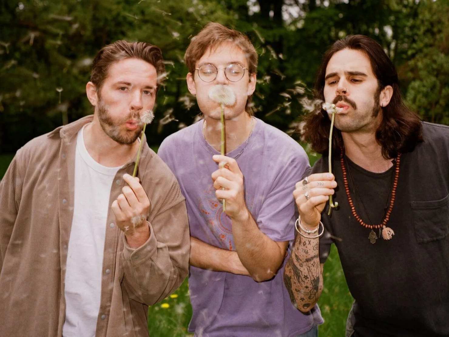 Bandphoto Compadre: 3 junge Männer pusten Pusteblumen