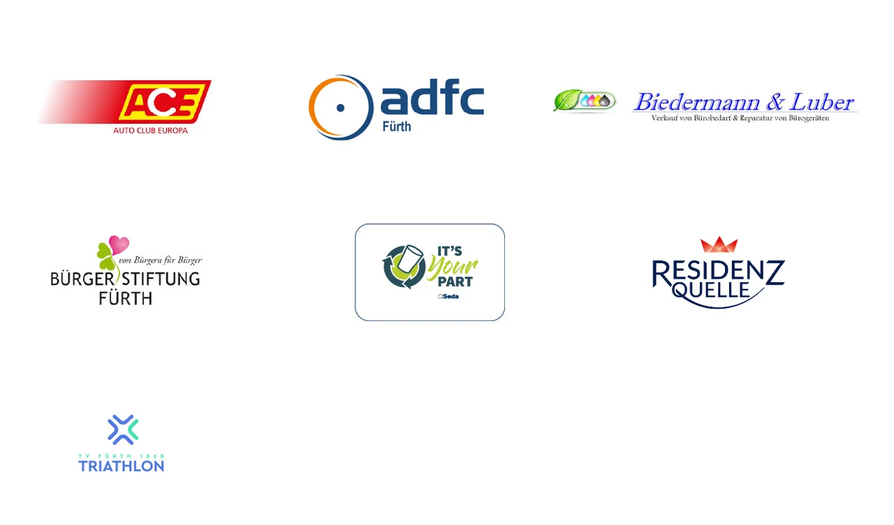Logos der Förderer: ACE Auto Club Europa, adfc Fürth, Biedermann & Luber, Bürgerstiftung Fürth, infra fürth, It's your part, Residenz Quelle, TV Fürth 1860 Triathlon, VR Bank Fürth | Neustadt | Uffenheim; Klick öffnet Bild in größerer Ansicht.
