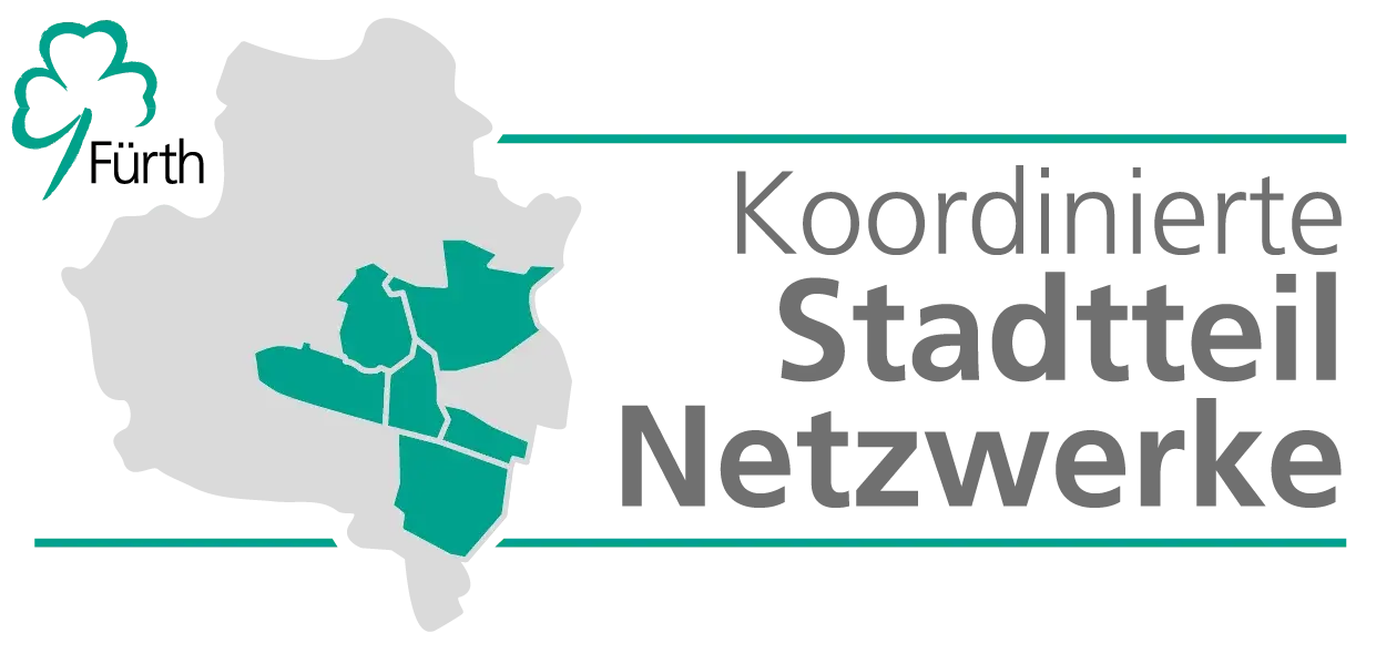 Fürth-Logo, Karte und Schriftzug Koordinierte Stadtteilnetzwerke. Klick öffnet Bild in größerer Ansicht.