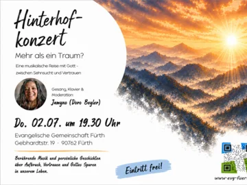 Veranstaltungsplakat für ein Hinterhofkonzert mit Sonnenaufgang über Bergen