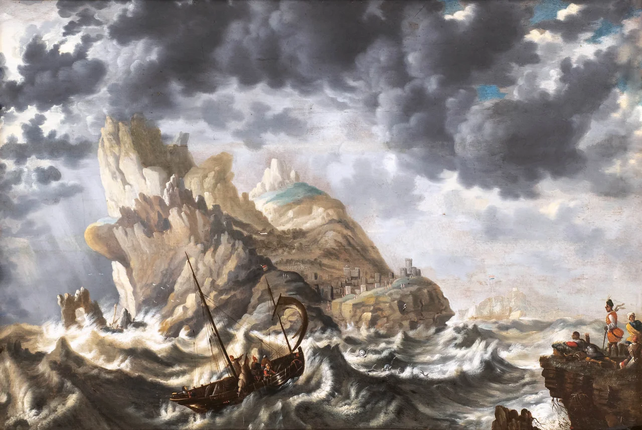 Sturmgepeitschtes Meer mit einem kleinen Segelboot vor einer felsigen Küste und einer Burg auf einem Hügel unter dramatischem Wolkenhimmel