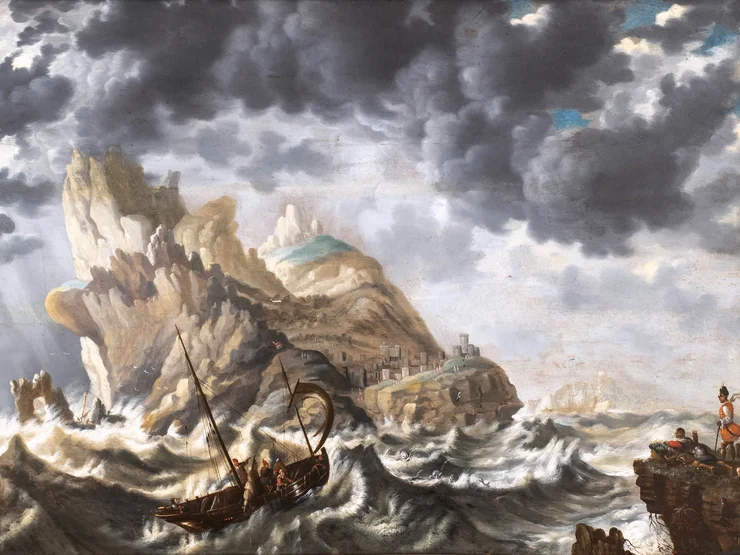 Sturmgepeitschtes Meer mit einem kleinen Segelboot vor einer felsigen Küste und einer Burg auf einem Hügel unter dramatischem Wolkenhimmel