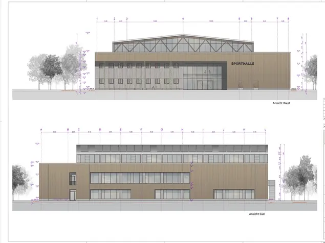Entwurfsplanung für die neue Thomas-Kleinlein-Turnhalle im direkten Umfeld der Grund- und Mittelschule Stadeln. Klick öffnet Bild in größerer Ansicht.