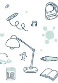 Illustration mit vielen kleinen Zeichnungen zum Thema Bildung: Unter anderem Stifte, Zirkel, Büchertasche, Musikinstrumente, Taschenrechner, Globus und vieles mehr.