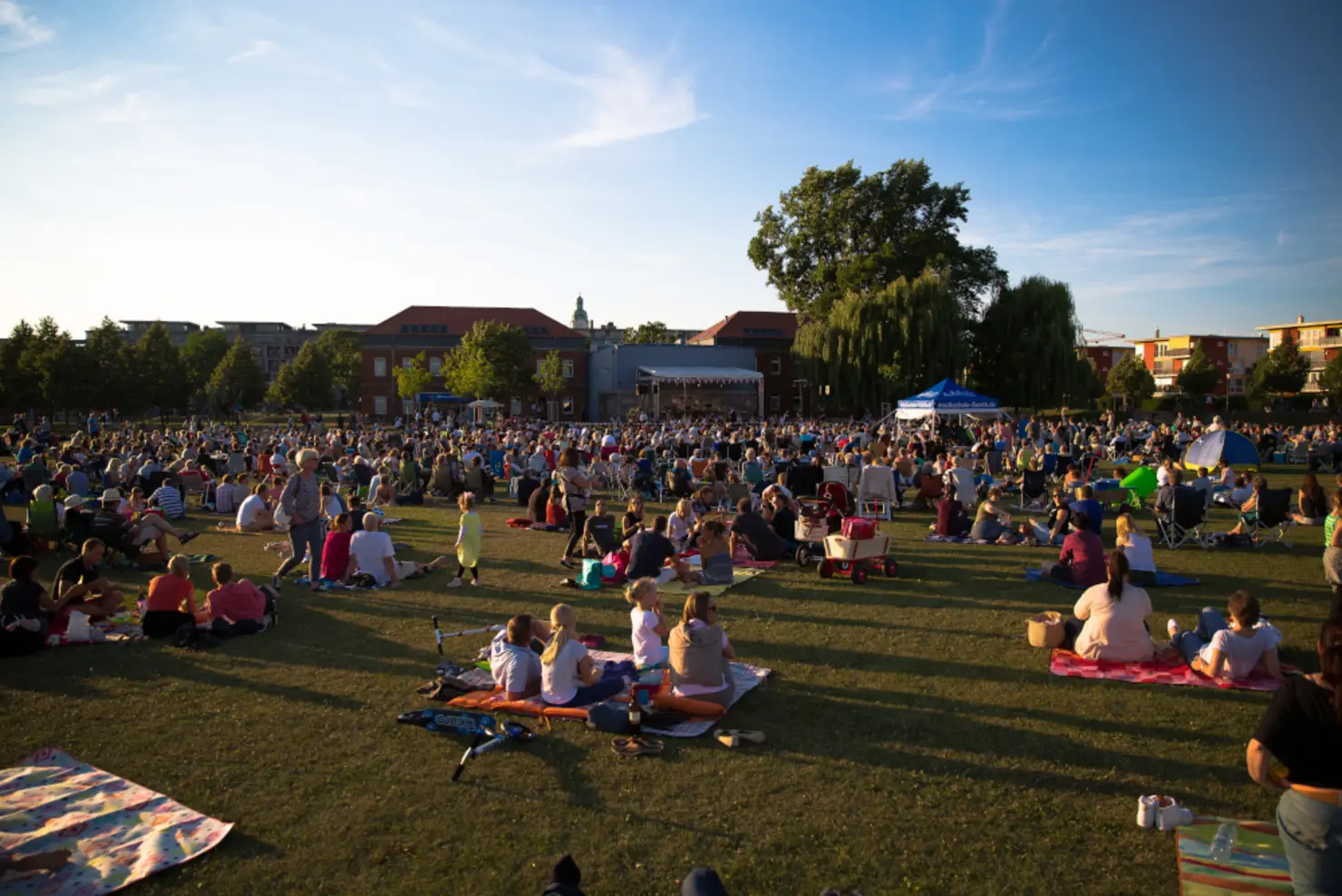 Viele Menschen sitzen in lockerer Picknick-Atmosphäre auf der Wiese im Südstadtpark