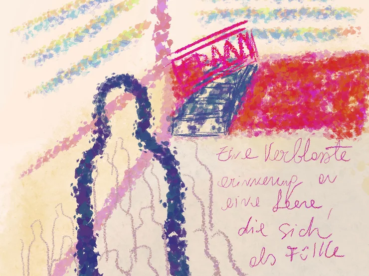 Abstrakte Zeichnung mit einer schwarzen schemenhaften Figur und handschriftlichem Text in Rot