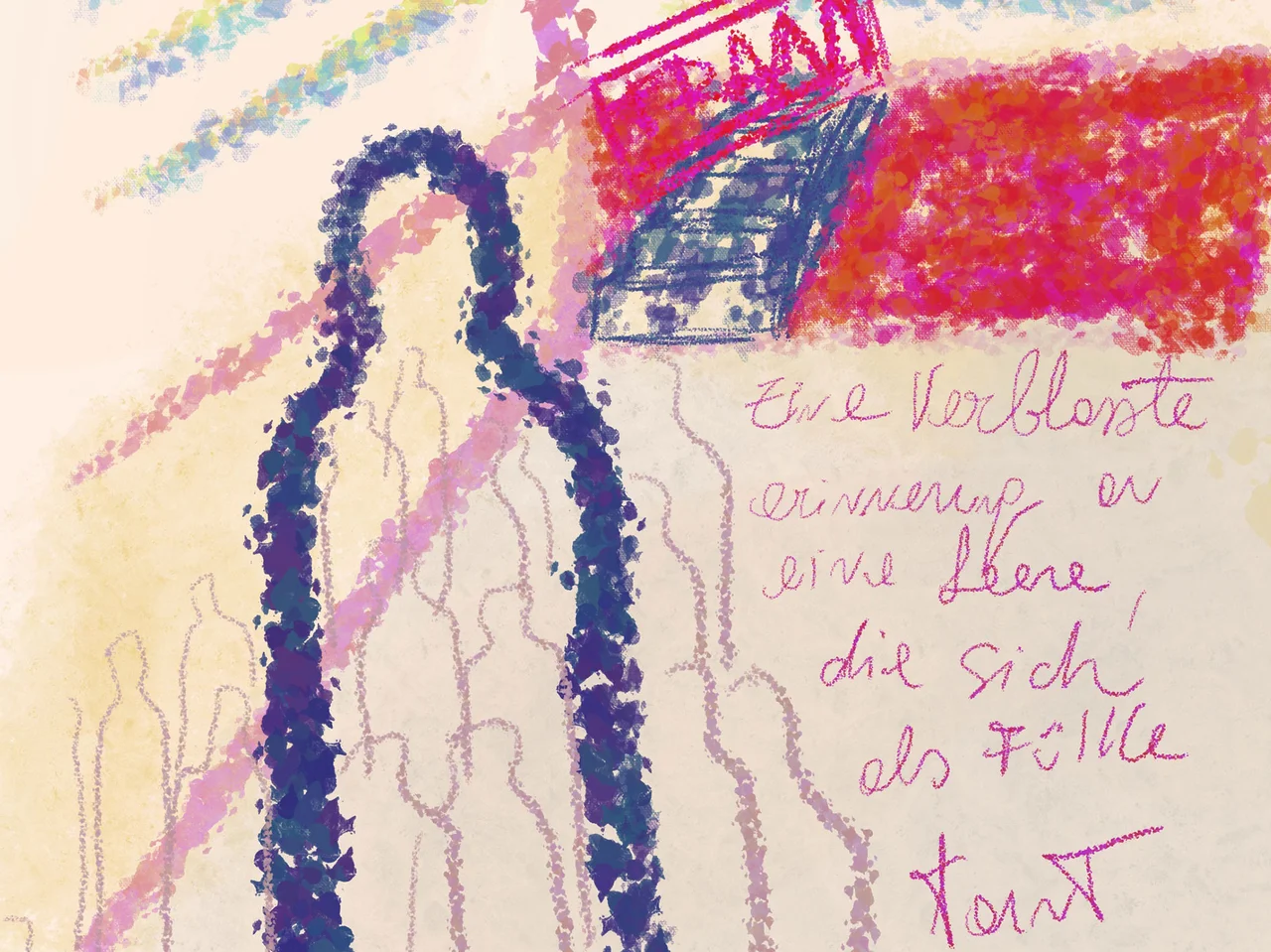 Abstrakte Zeichnung mit einer schwarzen schemenhaften Figur und handschriftlichem Text in Rot