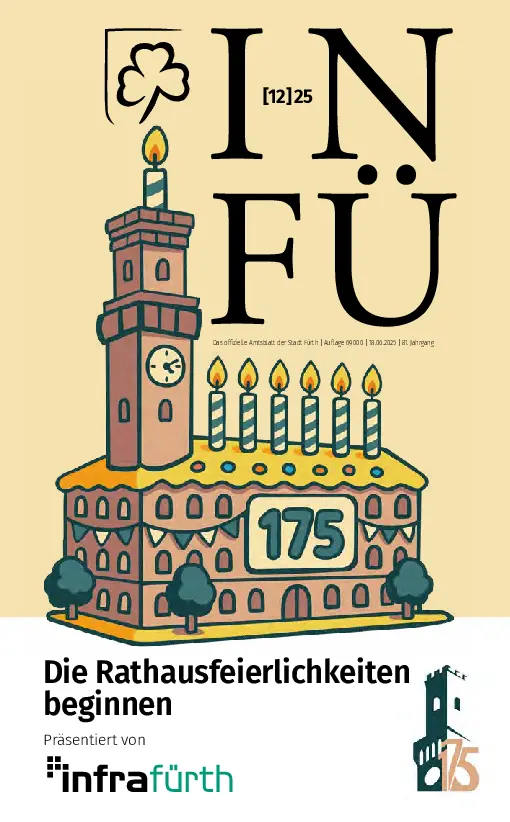 Grafik mit einem stilisierten Rathaus mit Kerzen und den Text die Rathausfeierlichkeiten beginnen, präsentiert von infrafürth. Klick öffnet Bild in größerer Ansicht.