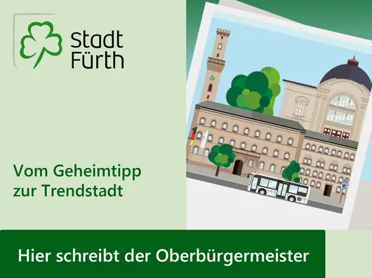 Illustration mit Rathaus und Stadttheater. Klick öffnet Bild in größerer Ansicht.