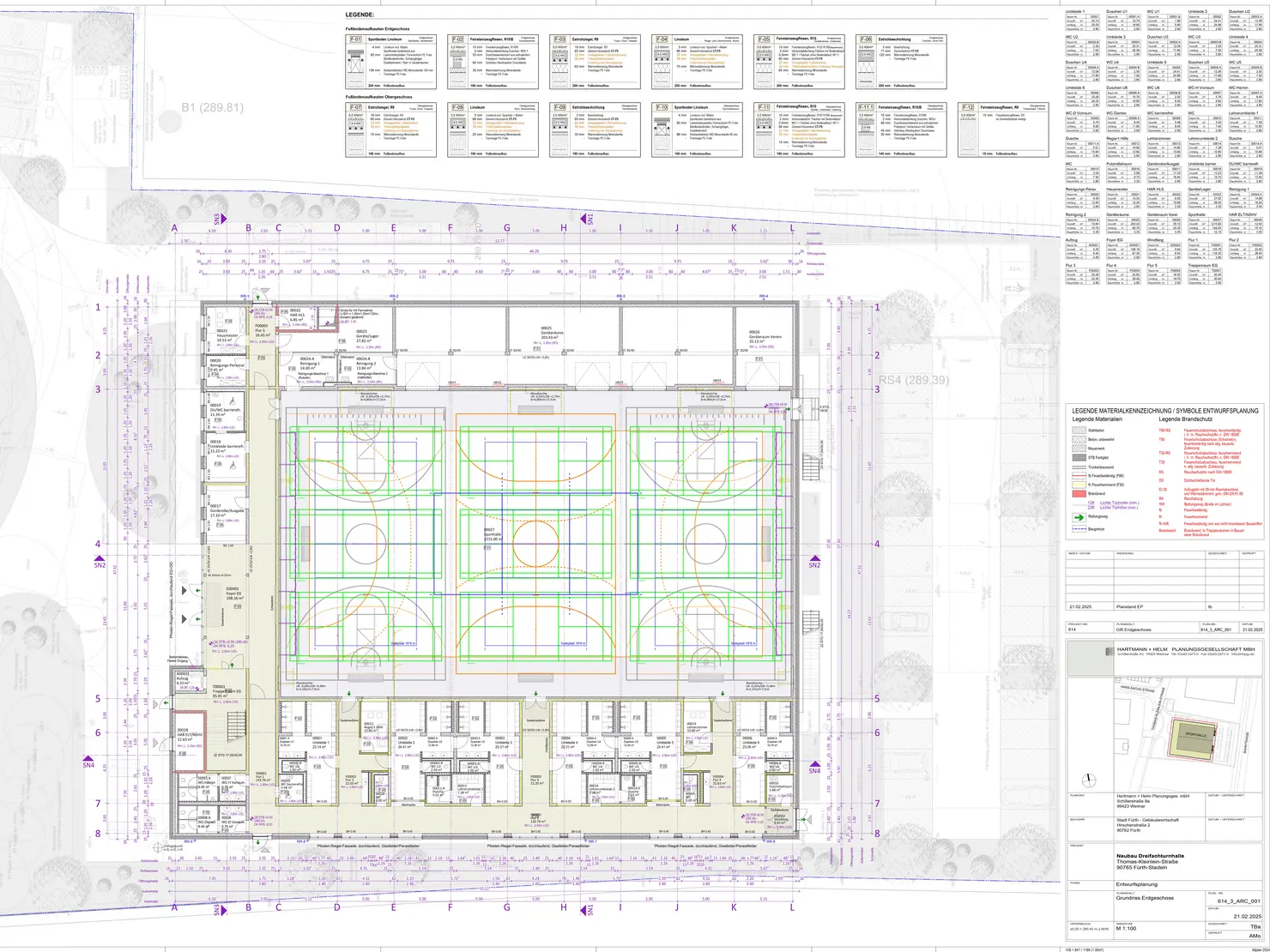 Entwurfsplanung für die neue Thomas-Kleinlein-Turnhalle im direkten Umfeld der Grund- und Mittelschule Stadeln. Klick öffnet Bild in größerer Ansicht.