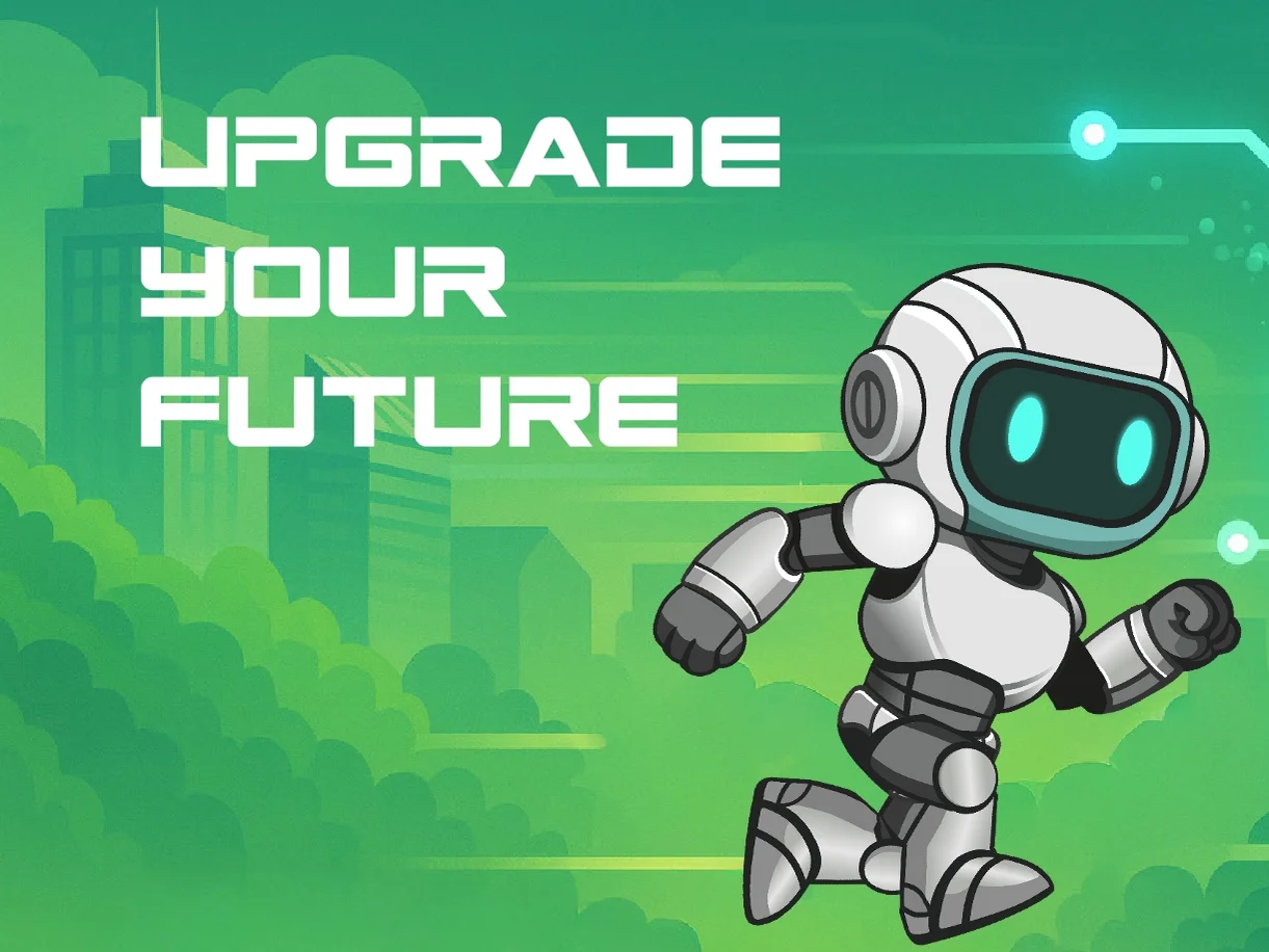 Illsutration eines Roboters, der über eine Wiese rennt. Text: Upgrade your Future.