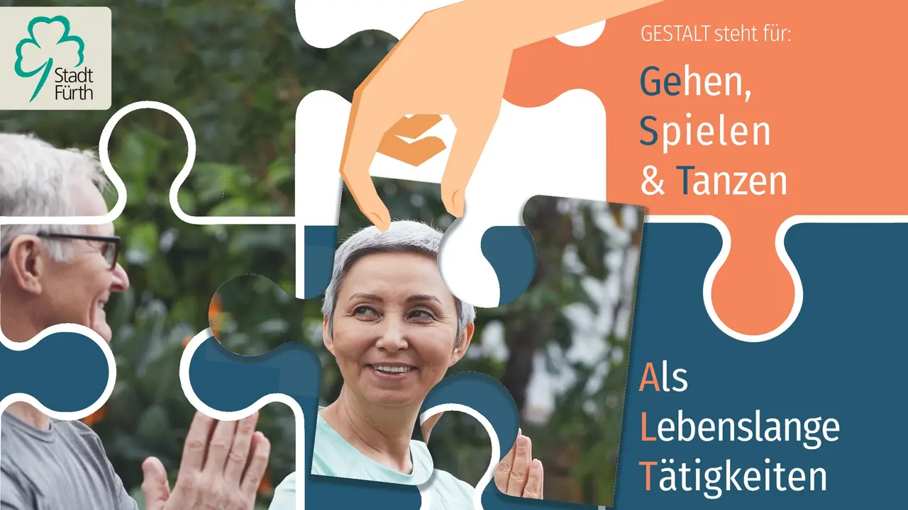 GESTALT Plakat für den Kurs "Gestalt", ein Projekt zur Demenzprävention, das für Gehen, Spielen und Tanzen als Lebenslange Tätigkeiten steht.